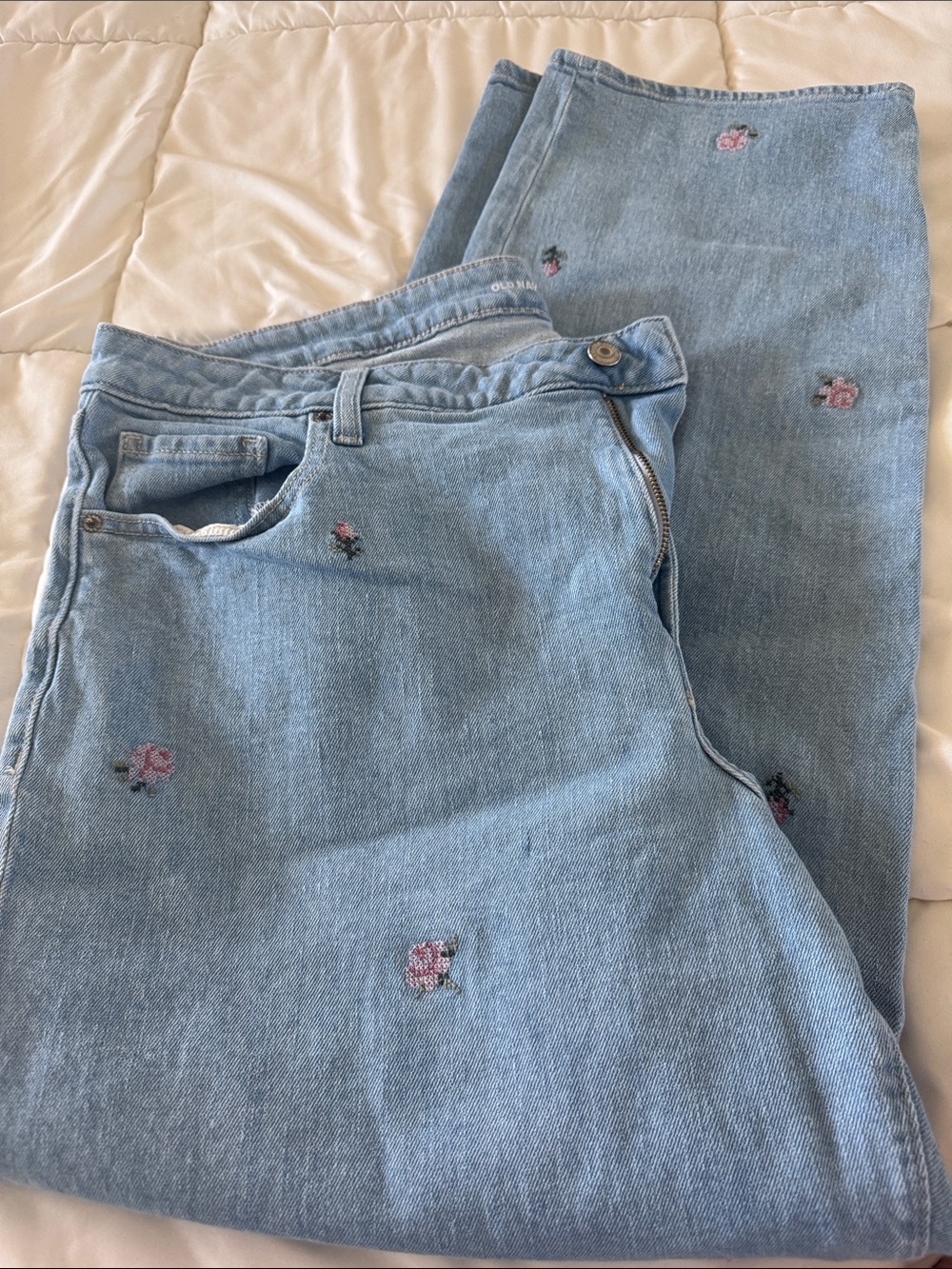 Old Navy Light Blue High Rise OG Loose Jeans with Pink Floral Embroidery - Picture 3 of 4